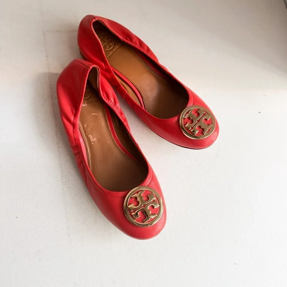 Tory Burch Leather Coral Orange Scrunch Back Low Black Heel Flats 6.5